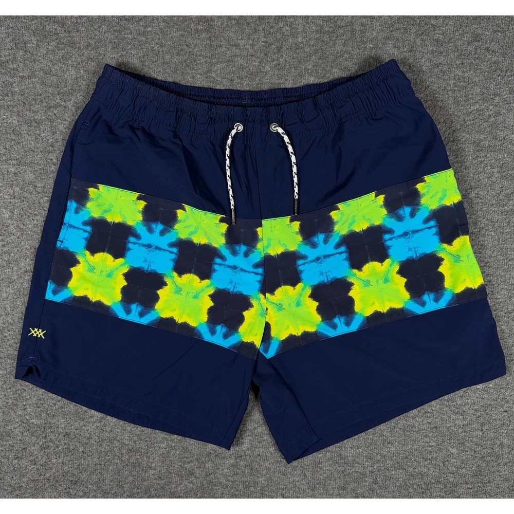 Rhone Swim Trunks Mens Large Blue Green Abstract Lined Shorts Pockets Stretch